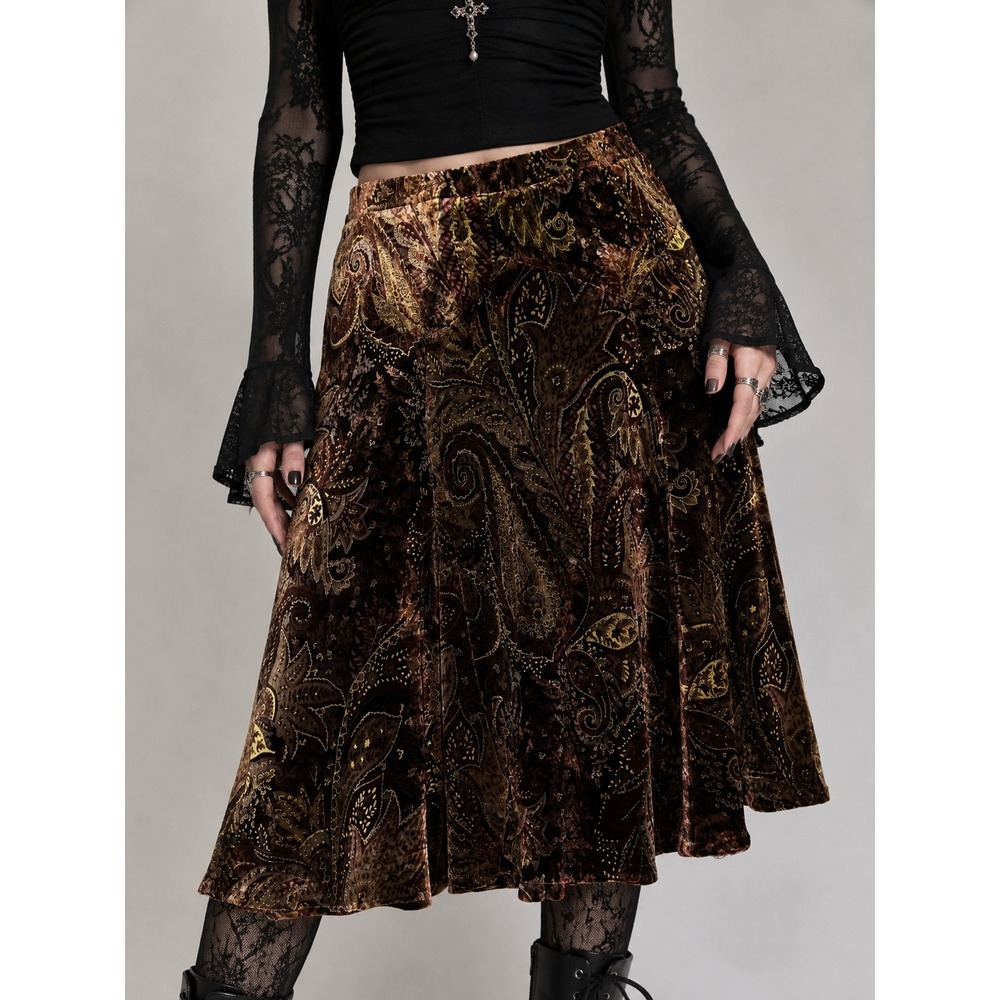 Whimsigoth Velvet Paisley Midi Skirt US 10 Metallic Brown Gold Fairy Grunge